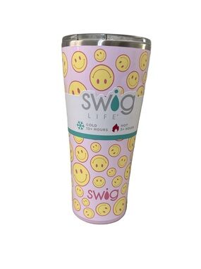 Swig Life Pink Smiley Stainless Tumbler - Insulated Coffee Travel Cup